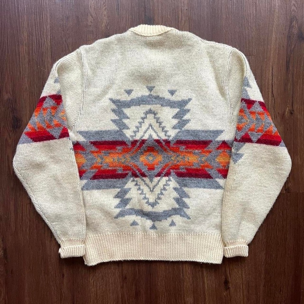Vintage Pendleton Aztec Pattern Wool Knit Heavyweight Sweater Mens Large Cream - Picture 3 of 8